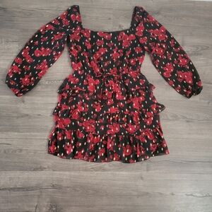 Women's black & red floral print long sleeve ruffle dress by City Studio size L